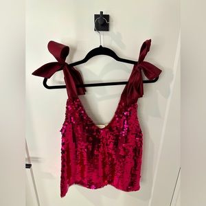 Anthropologie Red Sequin Tie-Shoulder Tank Top